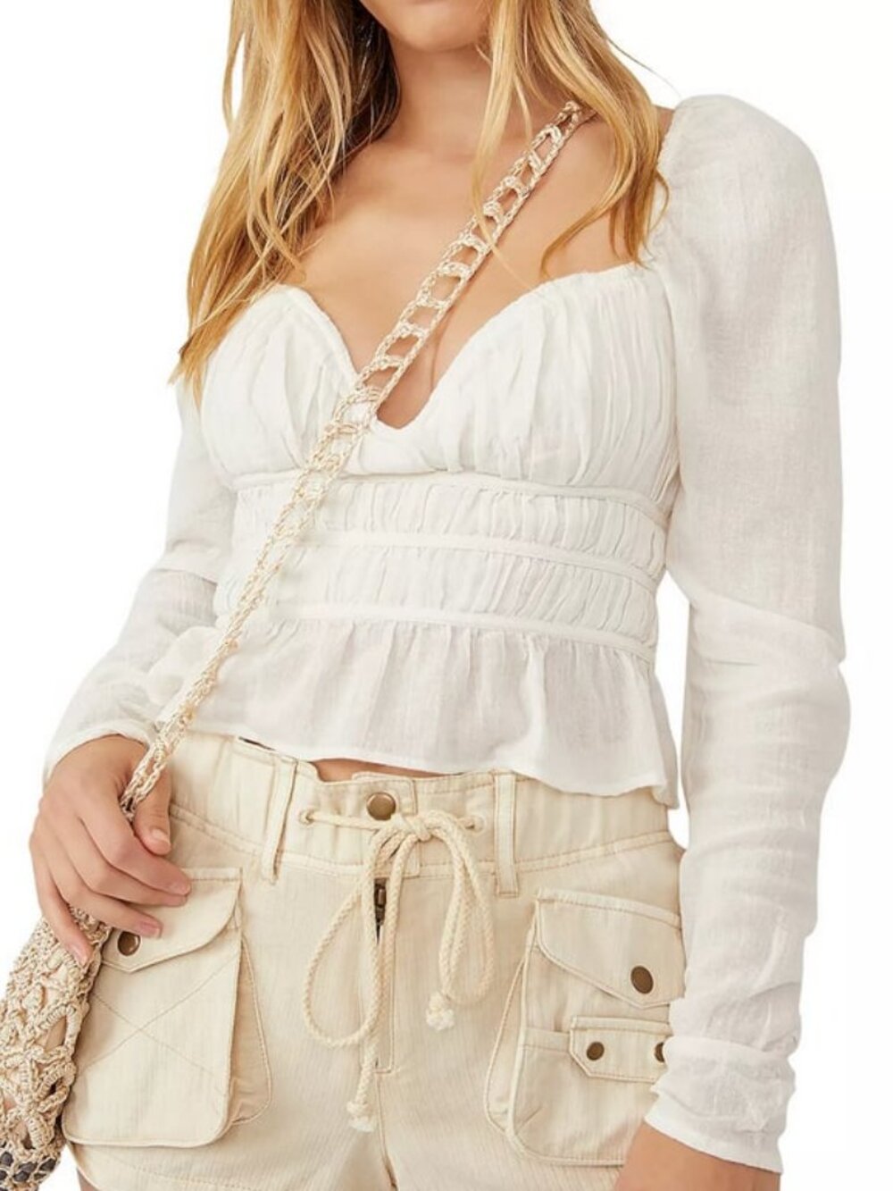 NWT FREE PEOPLE Chloe Ivory Cropped Peplum Smocked Peasant Top M - Picture 2 of 8